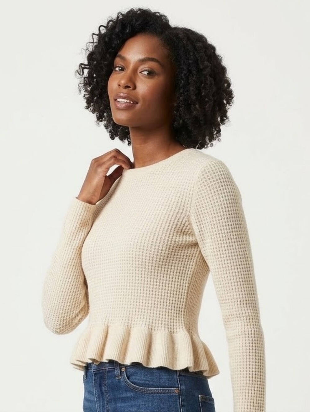 Jessica Simpson Ivory Waffle Knit Ruffle Long Sleeve Top